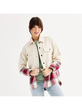 SO Plaid Shacket Jacket Medium Mixed Media Denim Flannel Overshirt